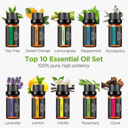 InnoGear Aromatherapy Diffuser & 10 Essential Oils Set, 400ml Diffuser Ultrasonic Diffusers for Home Cool Mist Humidifier with 4 Timers 7 Colors Light Waterless Auto Off, Dark Wood Grain