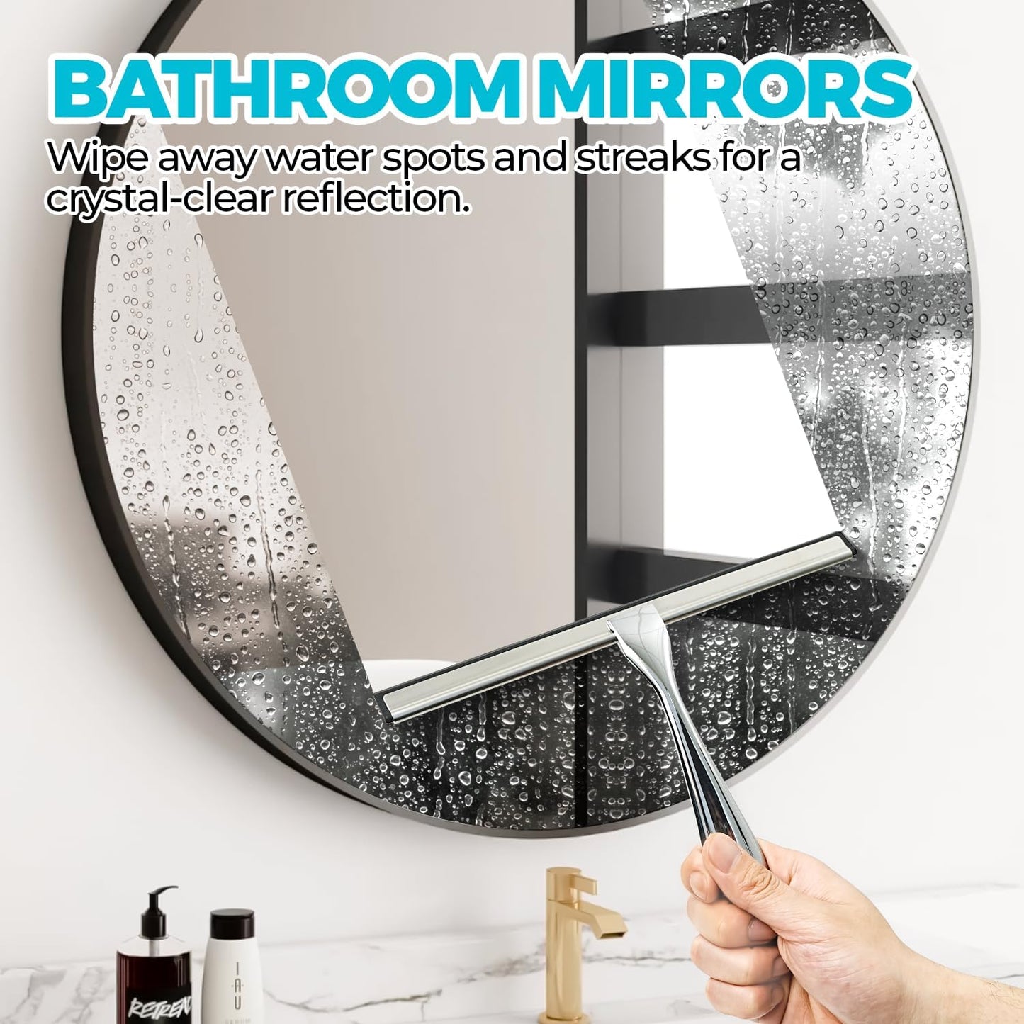 2pcs Shower Squeegee for Glass Doors with Adhesive Hanging Hook Set | 10” Silver, Bathroom Accessories, Window Cleaner, New Home Essentials, Soft Rubber Blade, Metal Handle, Ergonomic Grip