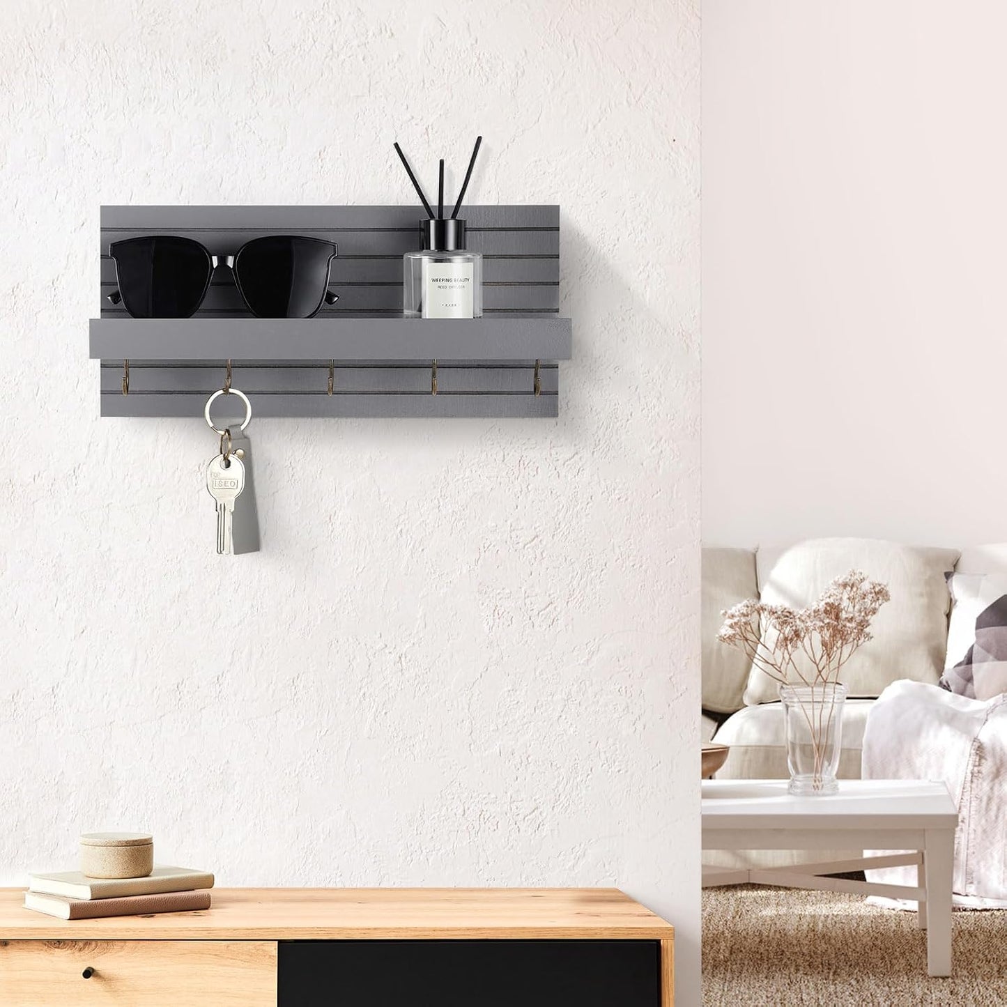 Lwenki Decorative Key Holder for Wall with Shelf, Entryway Shelf with Hooks Holds Leashes, Jackets and Glasses – Sturdy Wood Keyholder Entrance Hanger with Mounting Hardware (Black, Medium)
