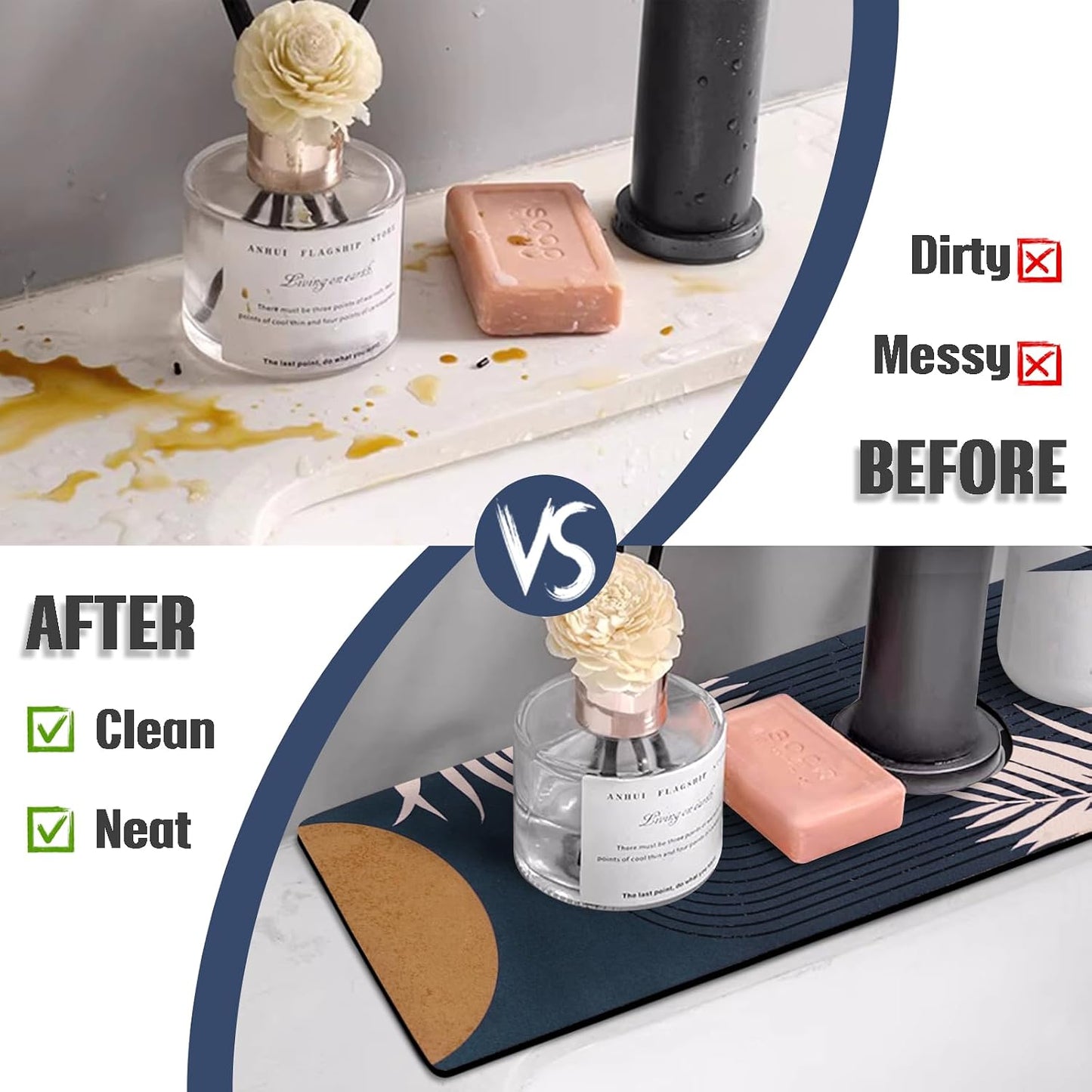Sink Faucet Absorbing Mat, 2 Pack Drying Mat Around Faucet Sink Splash Guard Behind Faucet Sinkmat For Kitchen Bathroom Island Rv 24 * 5.5 Inch (60 * 14 cm)