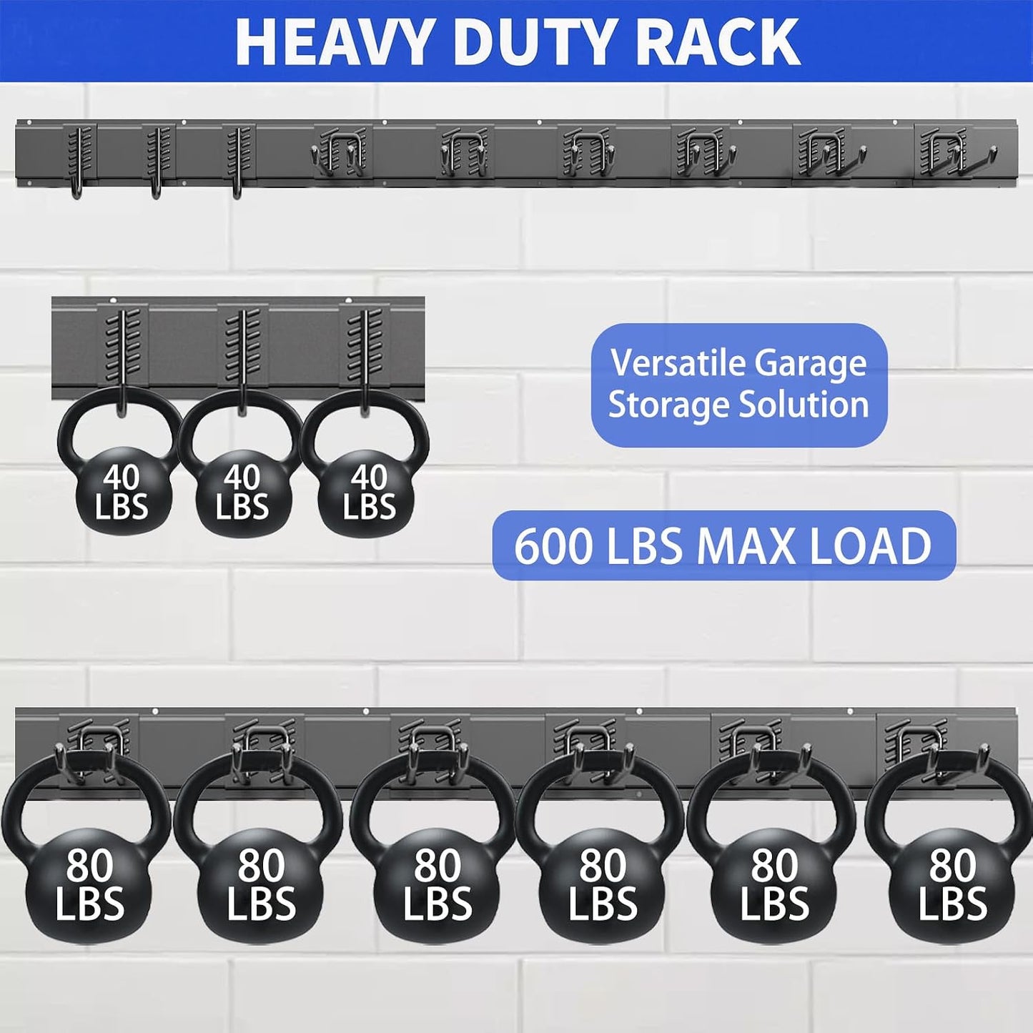 Garage Tool Organizer Wall Mount, 48 Inch Heavy Duty Garden Tool Organizer Storage System, Easy Install with 6 Adjustable Straight Hooks, for Garage, Basement, Shed, Workshop, Black, Steel