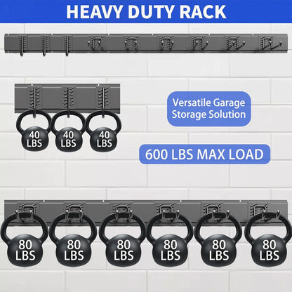 Garage Tool Organizer Wall Mount, 48 Inch Heavy Duty Garden Tool Organizer Storage System, Easy Install with 6 Adjustable Straight Hooks, for Garage, Basement, Shed, Workshop, Black, Steel