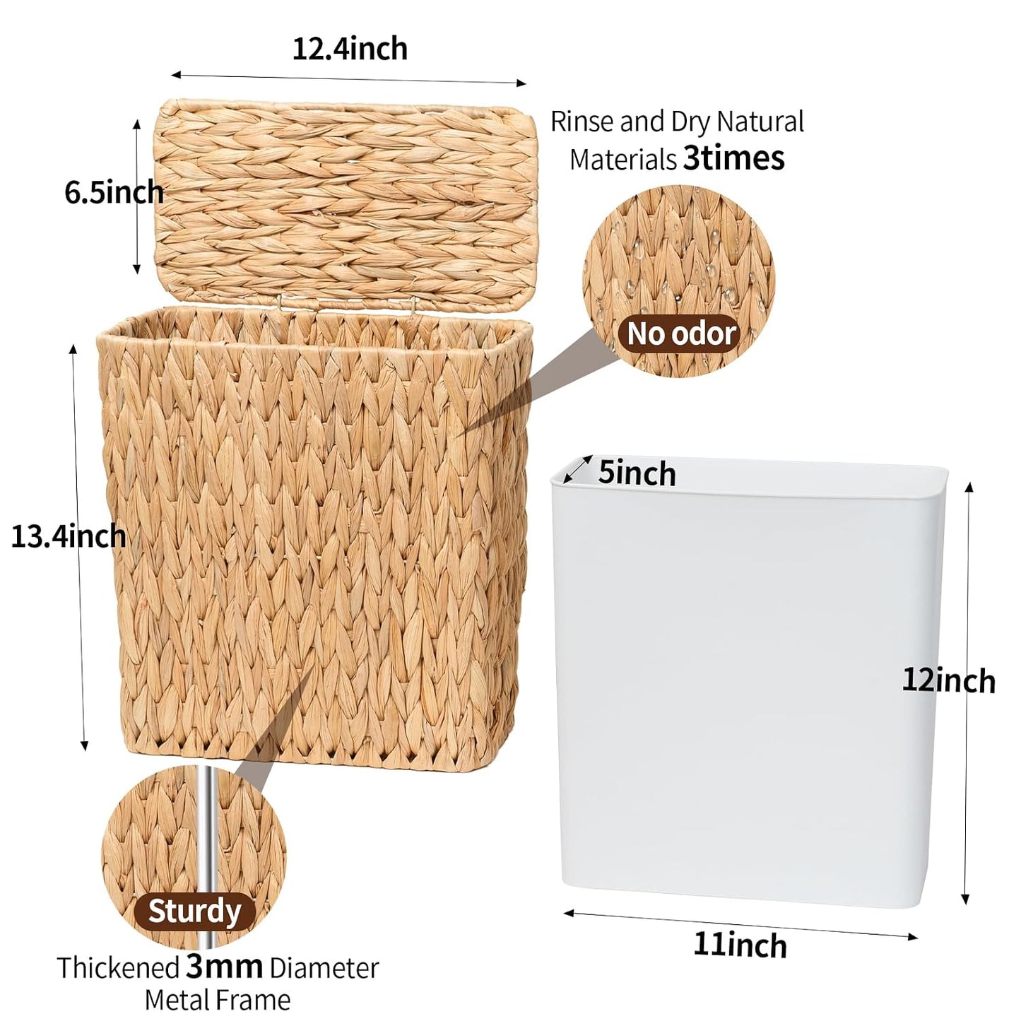 Coeusy 3 Gallon Wicker Trash Can,Small Bathroom Trash Can with Lid,Natural Water Hyacinth Wicker Waste Basket for Bedroom,Toilet,Narrow Garbage Can with Removable Liner