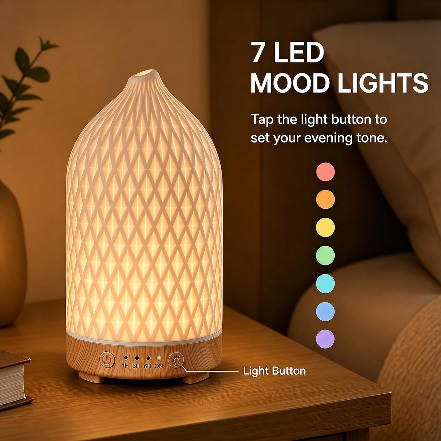 Gooamp 200ML Ceramic Essential Oil Diffuser for Home - Ultrasonic Aromatherapy Diffuser Humidifier with 7 Color LED Lights, Auto Shut-Off, 3 Timers for Bedroom, Office, Yoga, Black