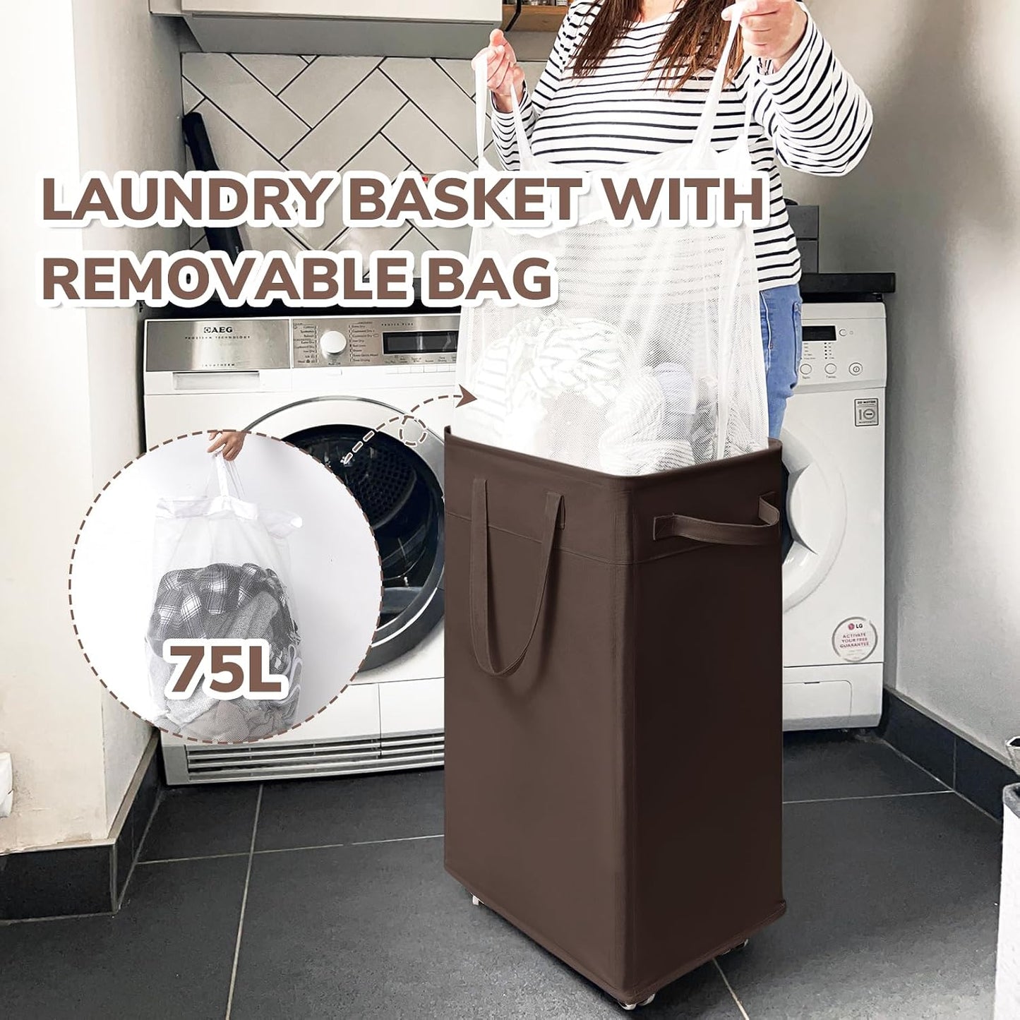 CHICVITA 75L Large Rolling Laundry Basket with Wheels & Wash Bag, Grey | Collapsible design saves space for corner dorms. Removable wash bag for easy laundry transport