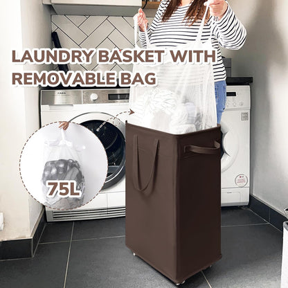 CHICVITA 75L Large Rolling Laundry Basket with Wheels & Wash Bag, Grey | Collapsible design saves space for corner dorms. Removable wash bag for easy laundry transport