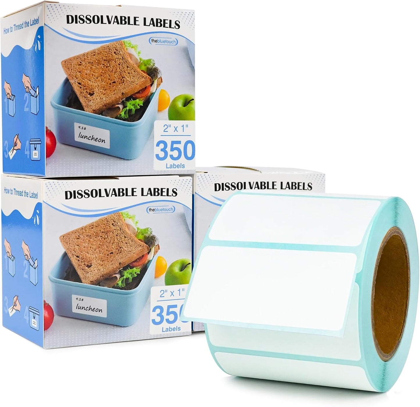 THEBLUETOUCH 350（1 Rolls） Dissolvable Food Labels with Dispenser, 1" x 2" | BPA-Free Water Dissolving Labels, No Residue, Ideal for Freezer Meal Prep Containers, Glass Jars & Storage Bags