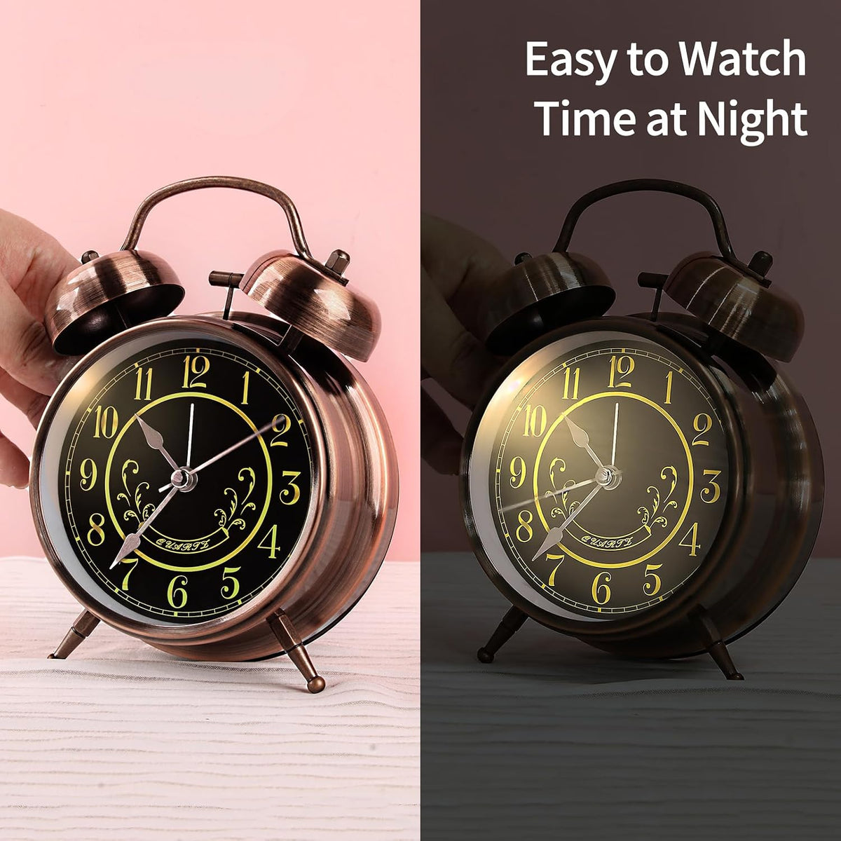 pxy Loud Alarm Clock for Heavy Sleepers 3D Dial Battery Operated (Battery Include), 4" Super Silent Analog Alarm Clock for Kids with Night Light PT260 Silver OrangePT505 Green White