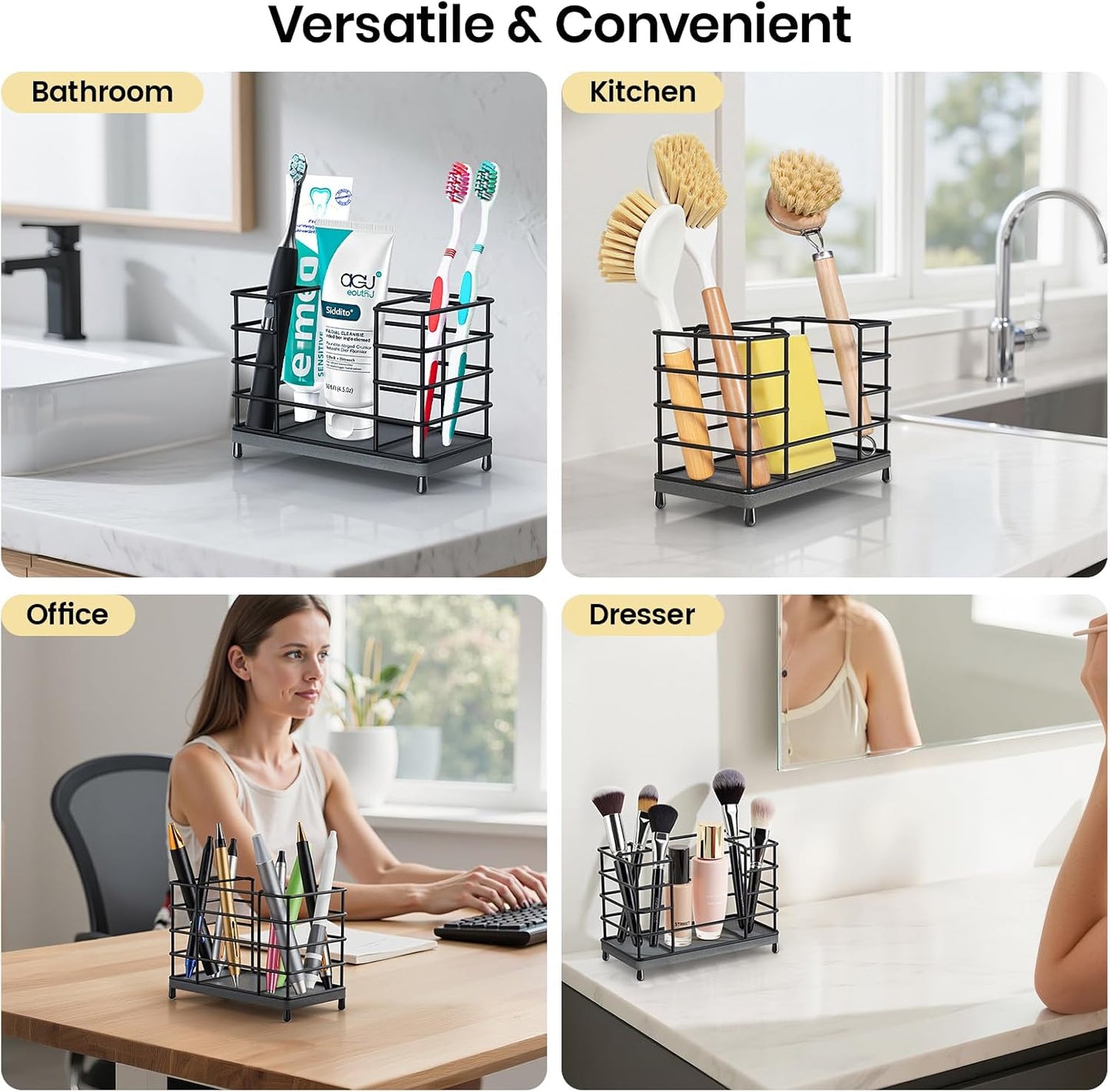Toothbrush Holder with Quick Drying Mat—Toothbrush and Toothpaste Holders for Bathrooms—5 Slots Openwork Design Black Toothbrush Holder Set,Bathroom Counter Organizer for Electric Toothbrush
