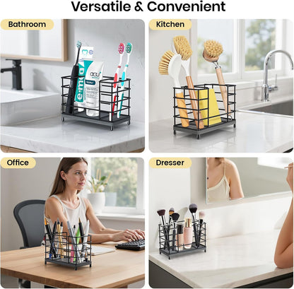 Toothbrush Holder with Quick Drying Mat—Toothbrush and Toothpaste Holders for Bathrooms—5 Slots Openwork Design Black Toothbrush Holder Set,Bathroom Counter Organizer for Electric Toothbrush