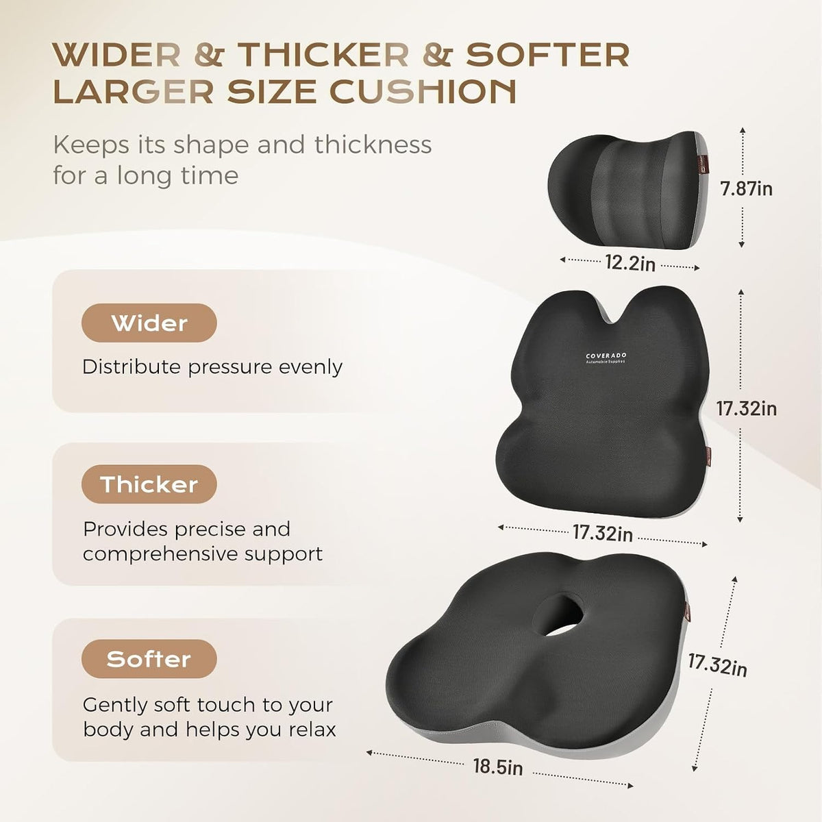 Coverado Lumbar Support Pillow and Seat Cushions for Office Chairs, Memory Foam Orthopedic Coccyx Cushion for Tailbone Pain Cushion Pillow & Back Pain Pressure Relief Seat Cushion Coffee&Beige