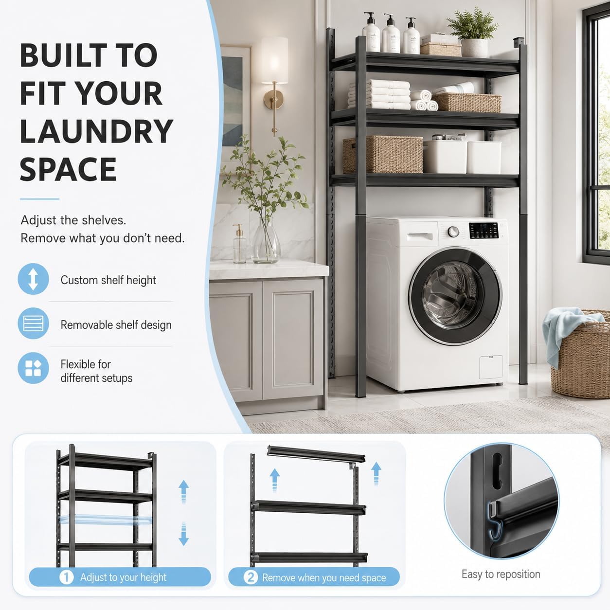 Heavy Duty Over Washer and Dryer Storage Shelf, 5 Tier Adjustable Metal Laundry Room Organizer, Freestanding Utility Shelving Rack, Rust Resistant Steel Storage Shelf, Black, 35.4"Wx 15.7"Dx 71.2"H