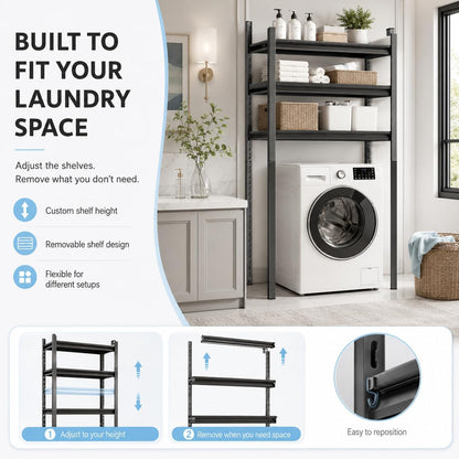 Heavy Duty Over Washer and Dryer Storage Shelf, 5 Tier Adjustable Metal Laundry Room Organizer, Freestanding Utility Shelving Rack, Rust Resistant Steel Storage Shelf, Black, 35.4"Wx 15.7"Dx 71.2"H