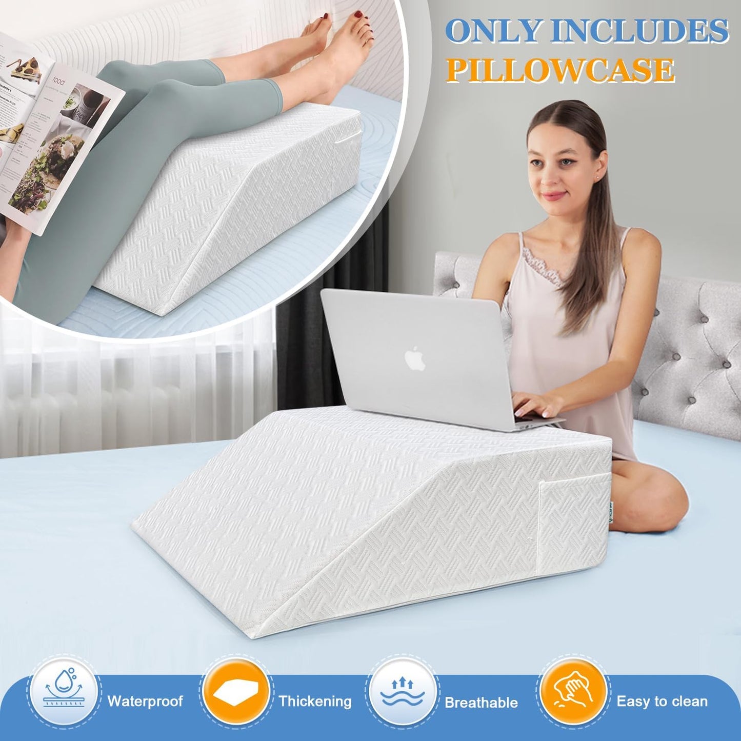 Wedge Pillow Cover case Leg Elevation Pillowcase Knee Post-Surgery Bed Wedge Replacement case with Pocket (Cover Only) - 24x21x8 Pillow Protector