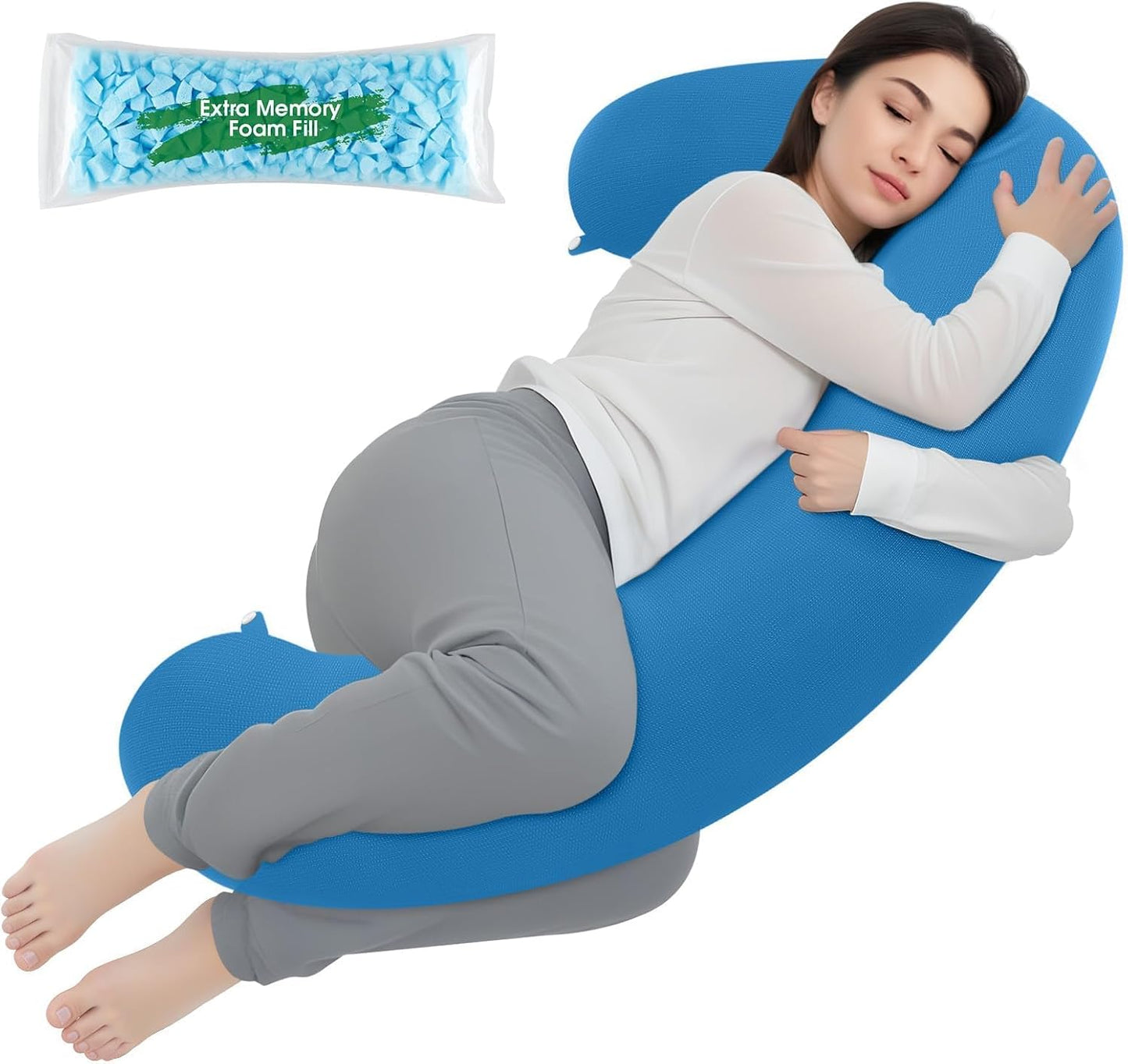TranquilRelax C Shaped Body Pillow for Side Sleepers, Memory Foam Long Pillow for Leg, Hip & Back Support, Soft Washable Cover,Grey-47"*10"