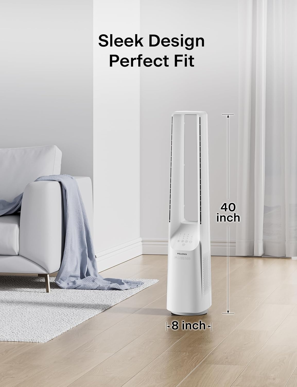 PELONIS 40" 90° Oscillation Bladeless Fan for Bedroom with Remote, White | Bladeless Cooling Tower Fan with 6 Speeds, 4 Modes, 26 ft/s, Brushless DC Motor, Quiet 22dB, 7-Hr Timer for Home, Office Use