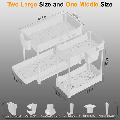 3-Pack 2-Tier Under Sink Organizers with Sliding Drawers | Multi-use kitchen & bathroom storage, 12.8 inch black cabinet organizer, space-saving sliding drawer design.