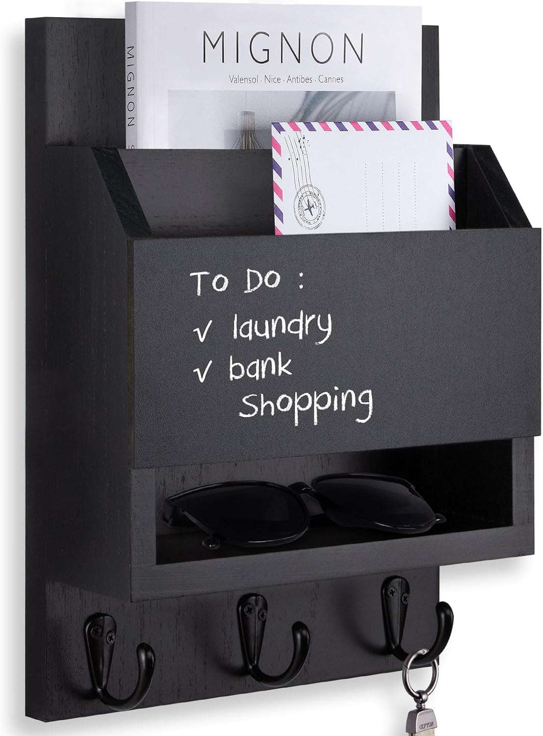 Key and Mail Holder for Wall with Chalkboard and Long Storage Box | Key Holder, Key Hanger with 3 Sturdy Hooks for Coat, Dog Leash, Entryway Mail Organizer