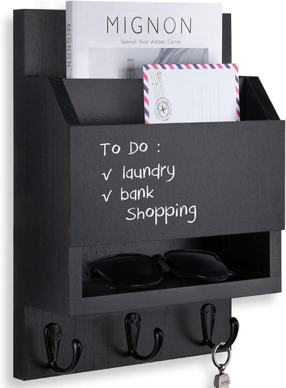 Key and Mail Holder for Wall with Chalkboard and Long Storage Box | Key Holder, Key Hanger with 3 Sturdy Hooks for Coat, Dog Leash, Entryway Mail Organizer