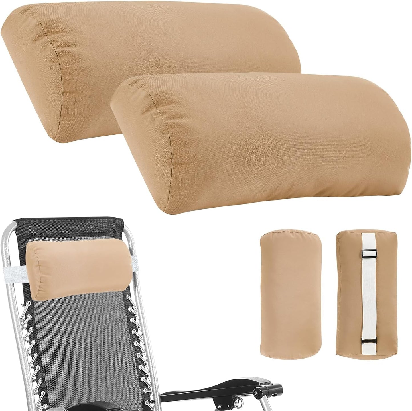 Headrest Pillow for Patio Chaise Lounge, 2 Packs Head Pillow with Elastic Band for Zero Gravity Lounge Chair, Head Neck Rest Pillow Lumbar Pillow, Beige