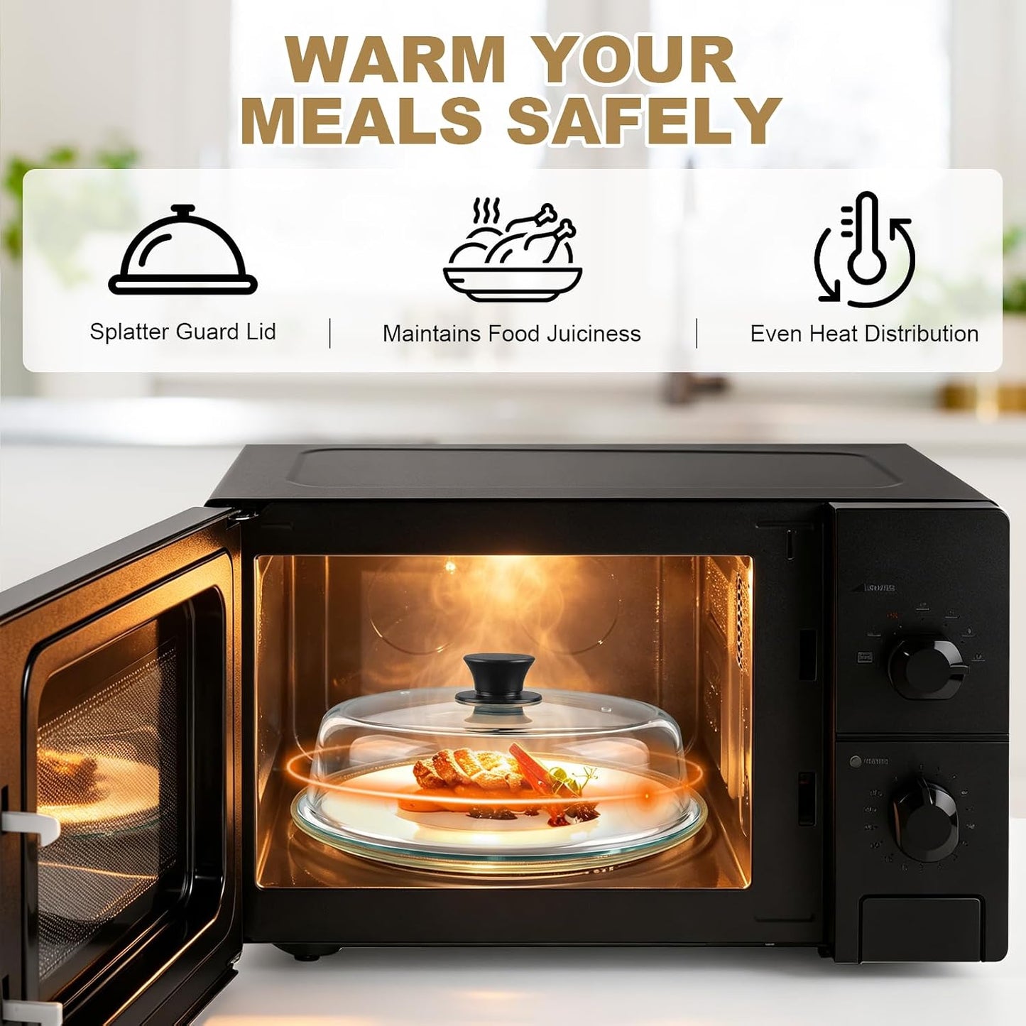 Glass Microwave Splatter Cover, Sturdy Food Plate Splatter Guard Lid | 10" Borosilicate Tempered Glass Food Cover with Easy Grip Silicone Knob & Vent Hole, BPA Free, Dishwasher Safe, No Plastic