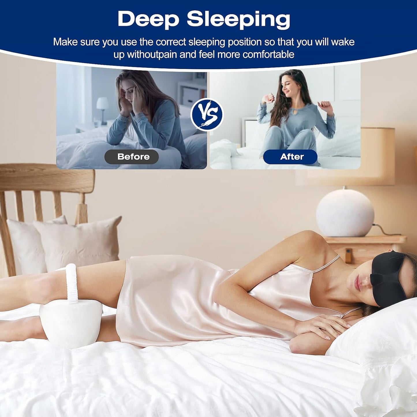 Knee Leg Pillow for Side Sleepers Leg Pillow for Side Sleeping with Strap-100% Memory Foam Wedge Contour Spacer Cushion for Back,Hip Knee Pregnancy Sciatica Pain Relief Free Sleep Mask Ear Plugs Grey