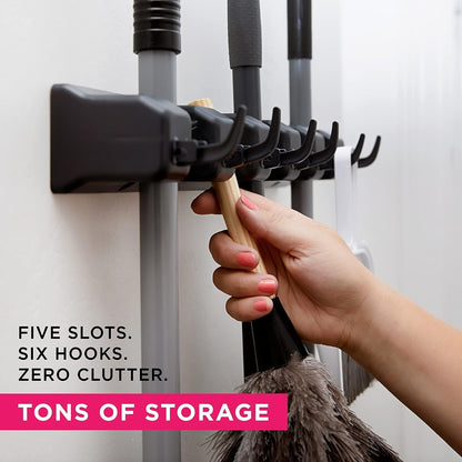 Broom Holder Wall Mount, Broom and Mop Organizer Wall Hanging Rack & Hanger | (Black) Broom Hanger Wall Mount, Mop and Broom Holder Wall Mount, Mop Holder, Hanger for Brooms and Mops, 5 Slots 6 Hooks