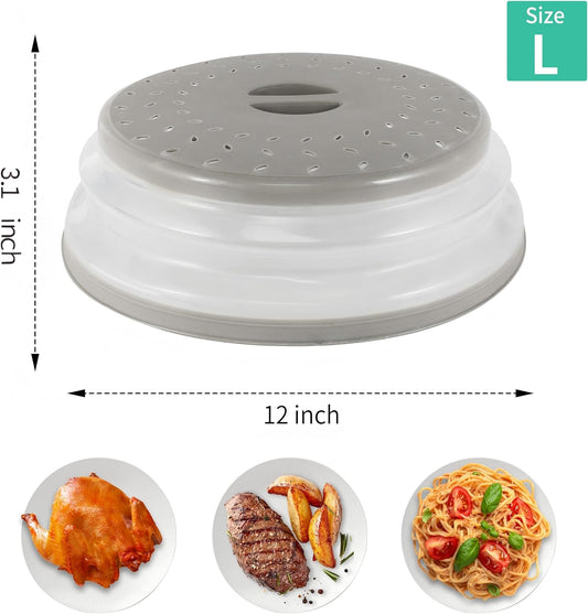 Collapsible Microwave Food Cover, Splatter Guard,Vented Microwave Lid for Food, BPA free TPR, Dishwasher safe，12inch,Grey
