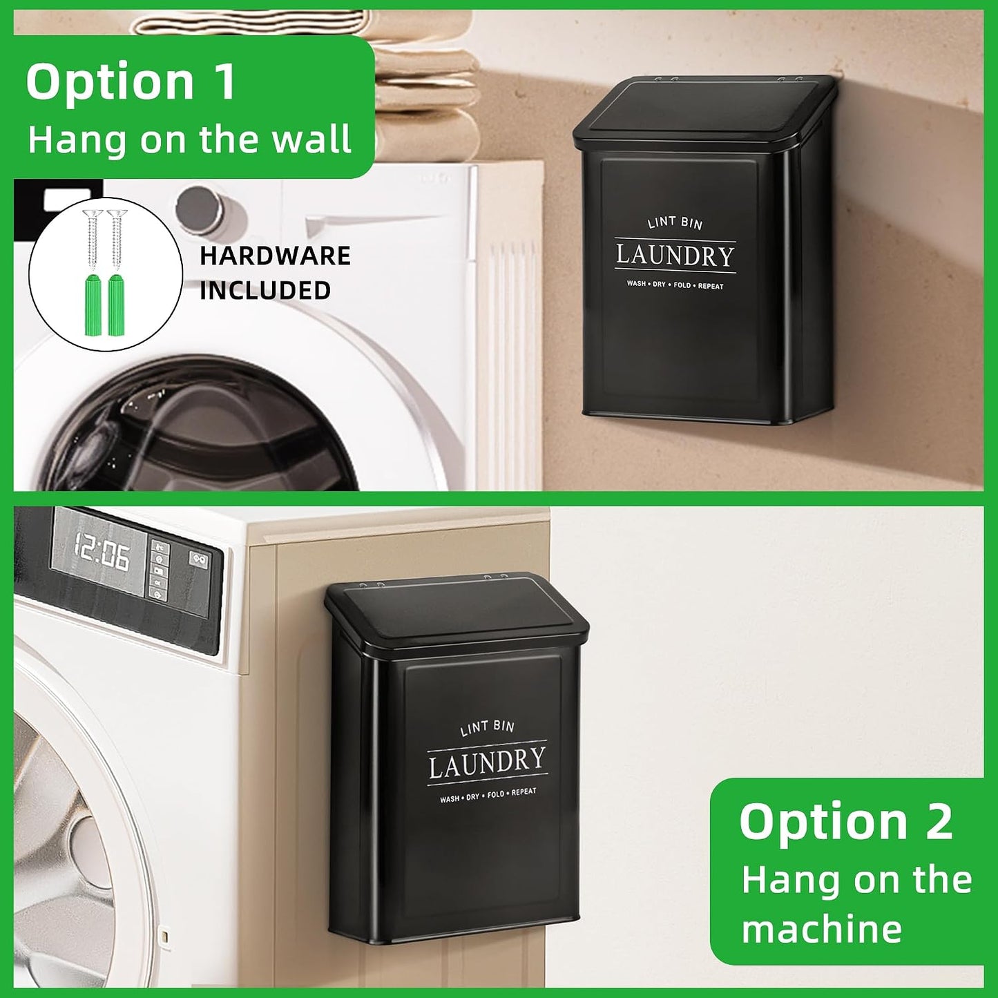 Magnetic Lint Bin for Laundry Room, Metal Lint Trash Can with Lid and Brush, Wall Mounted Lint Box for Dryer, Farmhouse Laundry Room Decor, Black