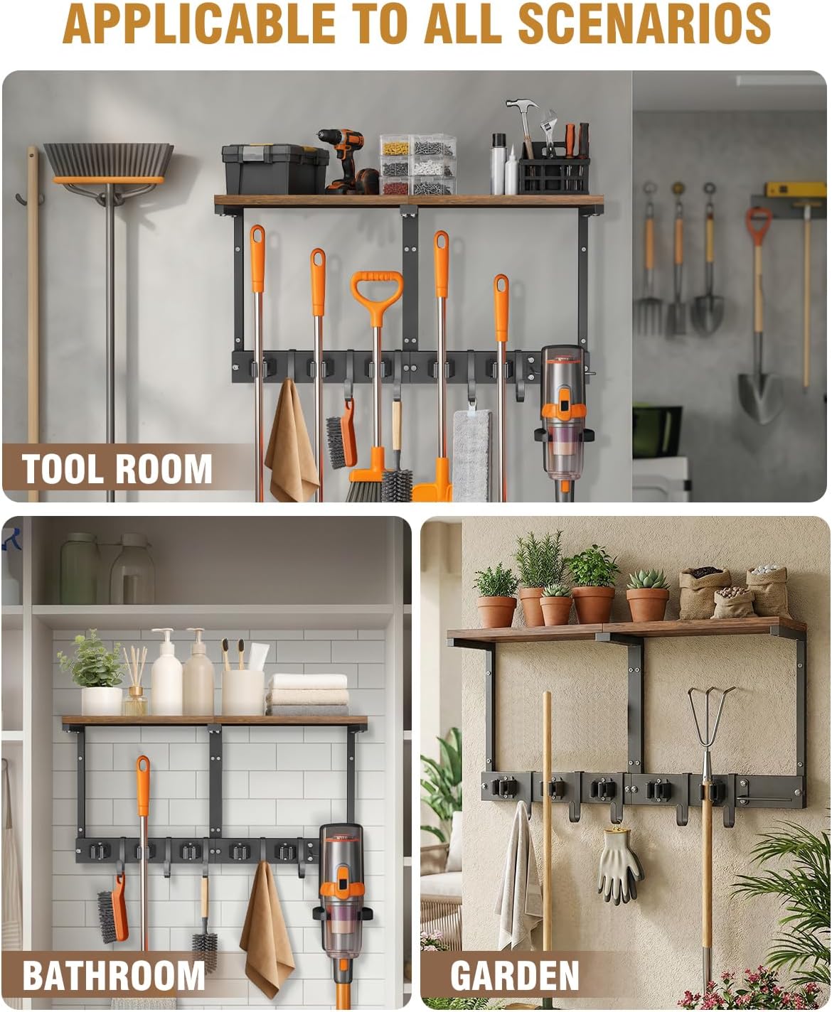 Large Broom Holder Wall Mount with Shelf, Vacuum Organizer, 5 Slots 5 Hooks | Black, 3-In-1 Wall Mount Stores Brooms/Mops/Vacuum, Cleaning Supplies With 5 Grippers/5 Hooks And A Sturdy Wooden Top Shelf