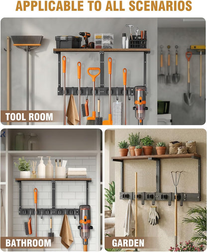 Large Broom Holder Wall Mount with Shelf, Vacuum Organizer, 5 Slots 5 Hooks | Black, 3-In-1 Wall Mount Stores Brooms/Mops/Vacuum, Cleaning Supplies With 5 Grippers/5 Hooks And A Sturdy Wooden Top Shelf