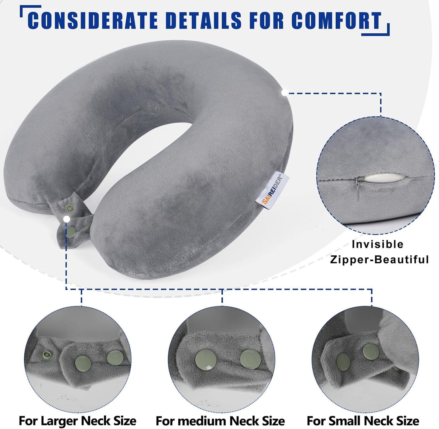 SAIREIDER Travel Pillow 100% Pure Memory Foam Travel Neck Pillow, Airplane Pillow for Traveling、Car、Home、Office，Washable Cover（Black）