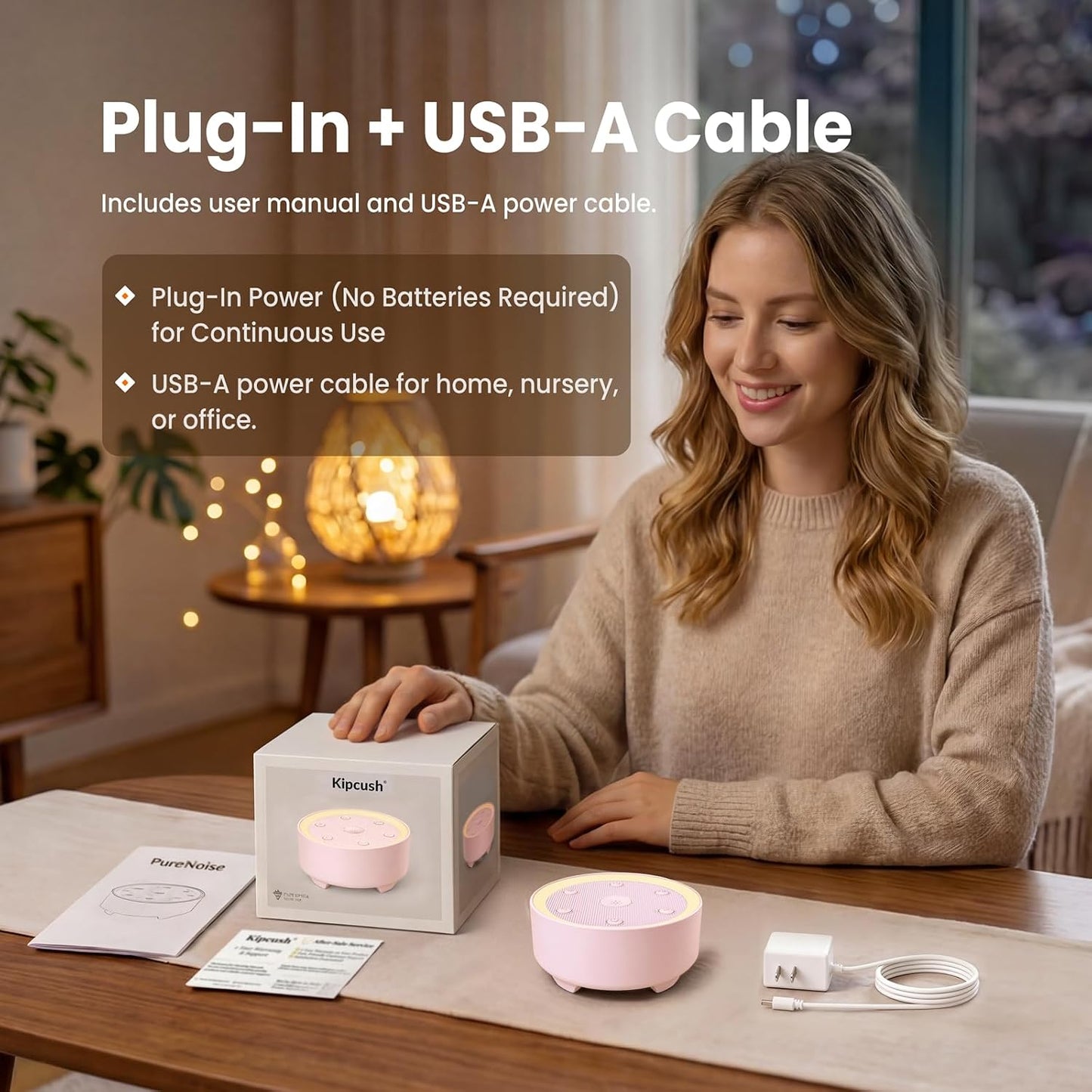 Kipcush White Noise Machine for Sleeping, Baby & Adults, High-Fidelity Non-Looping Sounds, Sleep Sound Machine with Dimmable Night Light, USB Powered, Memory Function, Home, Nursery & Travel