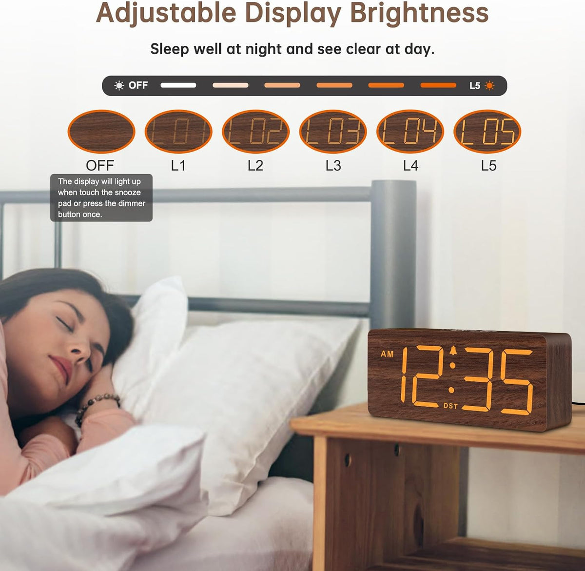 DreamSky Wooden Digital Alarm Clock for Bedroom with Large Numbers