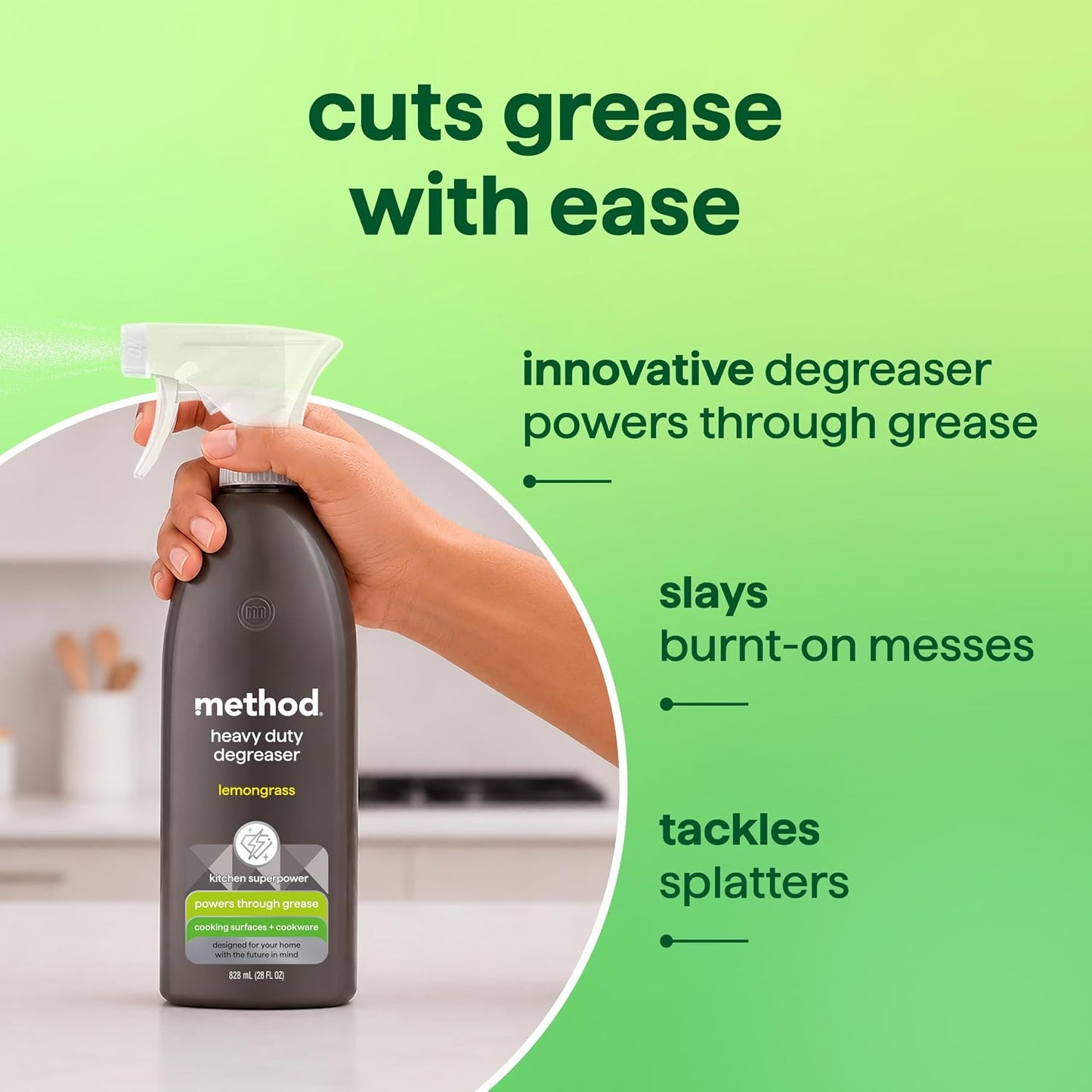 method Heavy Duty Degreaser, Lemongrass Scent, 28 fl oz | Cuts through Grease, Oil, Burnt-On Messes and Stubborn Splatters, For Use on Stove Tops, Range Hoods, Microwaves, and More