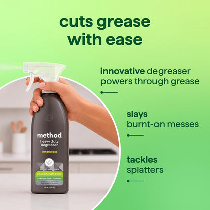 method Heavy Duty Degreaser, Lemongrass Scent, 28 fl oz | Cuts through Grease, Oil, Burnt-On Messes and Stubborn Splatters, For Use on Stove Tops, Range Hoods, Microwaves, and More