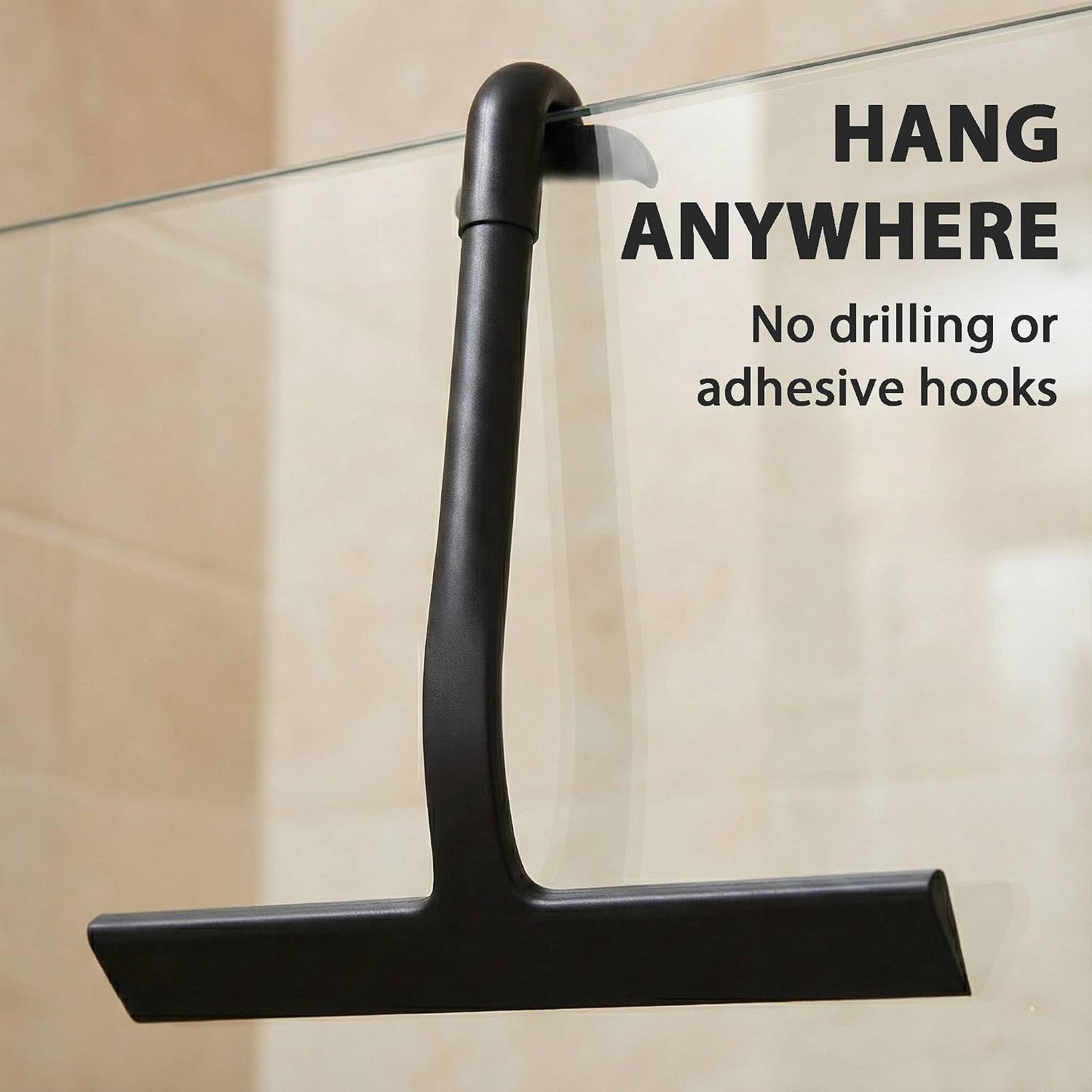 Shower Squeegee for Glass Doors, Hang Anywhere Silicone Shower Squeegee with Hook Design for Easy Hanging and Cleaning (Black)