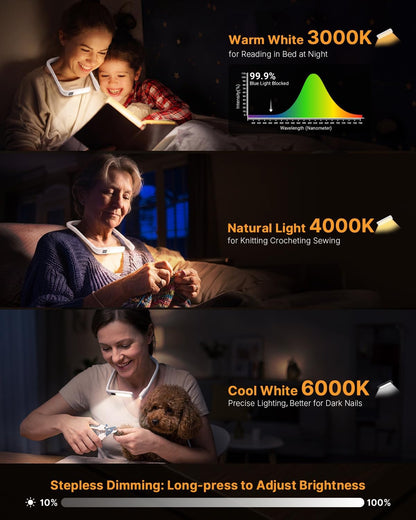 Reading Light Book Lovers Gifts: Upgraded Neck Light with Power Display & Timer, 80Hrs Rechargeable Book Lights for Reading at Night,Birthday Gifts for Readers Women, Knitting Crochet Accessories