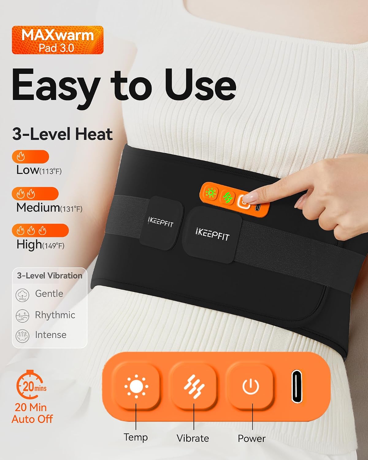 IKEEPFIT Portable Heating Pad for Back, Cordless Wearable Heat Belt with Massager for Lower Back Pain Relief, Battery Powered 8000 mAh Rechargeable, MAXwarm® 3.0, Gift for Women Men 90-310 lbs