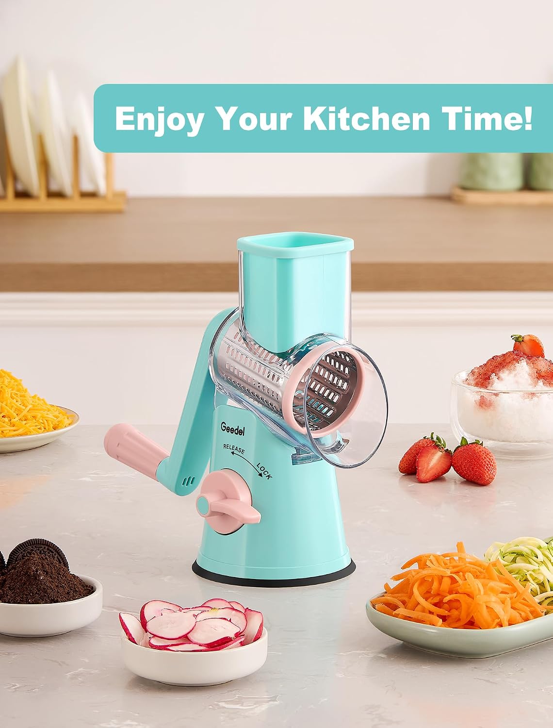 Geedel Rotary Cheese Grater, Kitchen Mandoline Vegetable Slicer with 3 Interchangeable Blades, Easy to Clean Rotary Grater Slicer for Fruit, Vegetables, Nuts | 3 Blades, 430 Stainless Steel, 12x Fast Cutting, Strong Suction Base, No BPA, Dishwasher Safe,