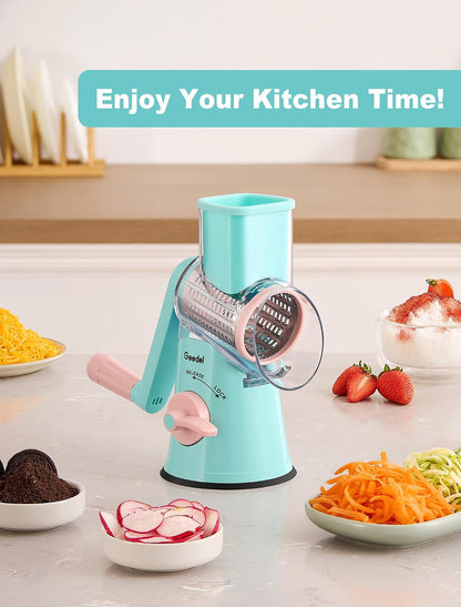Geedel Rotary Cheese Grater, Kitchen Mandoline Vegetable Slicer with 3 Interchangeable Blades, Easy to Clean Rotary Grater Slicer for Fruit, Vegetables, Nuts | 3 Blades, 430 Stainless Steel, 12x Fast Cutting, Strong Suction Base, No BPA, Dishwasher Safe,