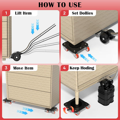 Heavy Duty Furniture Movers with 5-Wheel Dollies, Furniture Dolly Set with Lifter & Base, 360° Swivel Casters, Non-Slip Pads, Up to 2000 lbs Load Capacity