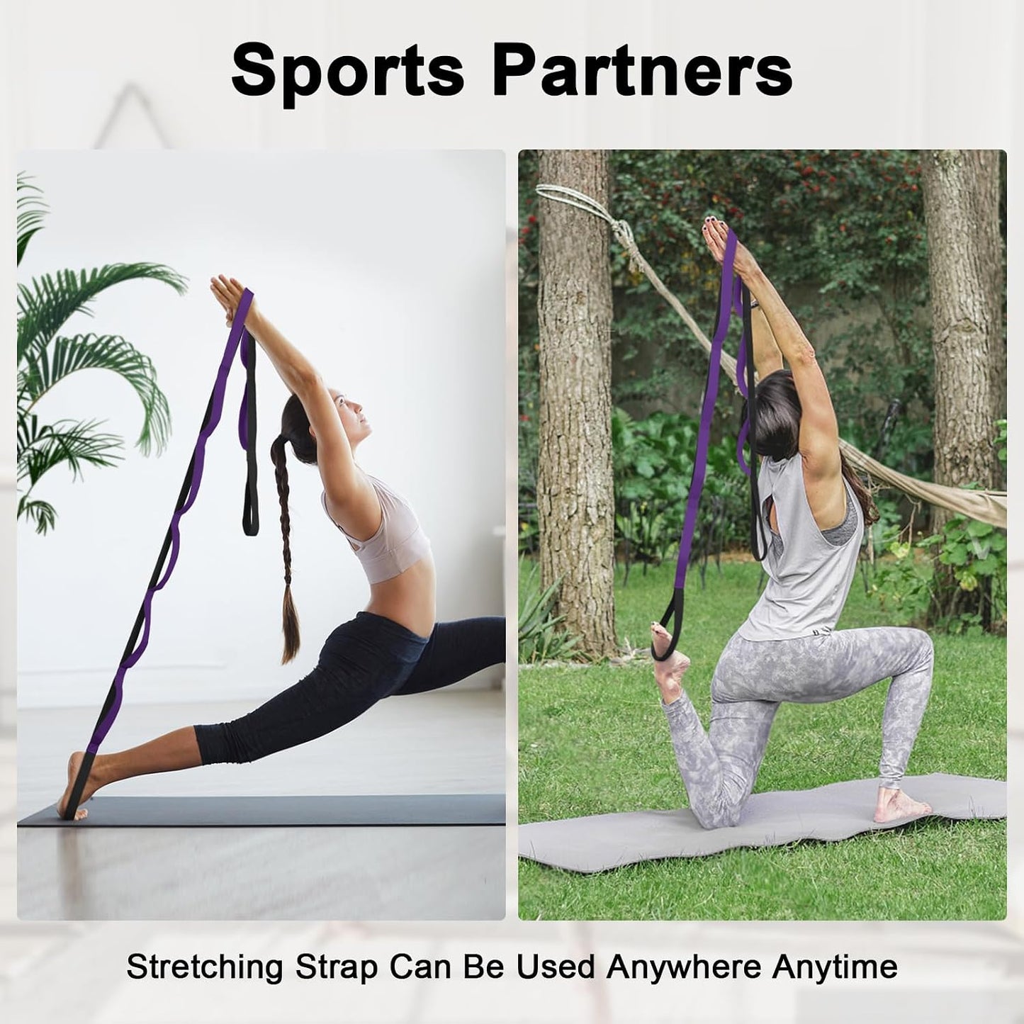 Amrules Yoga Strap for Stretching with 10 Loops Inelastic Soft Polyester Cotton Stretch Out Band for Exercise, Yoga, Pilates and Dance for Men and Women