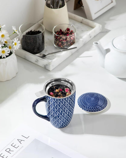 vancasso SELENE Porcelain Tea Mug, 18 oz Porcelain Tea Cup with Infuser and Lid Steeps Loose Leaf Tea, Microwave & Dishwasher Safe, Five-Leaf Clover