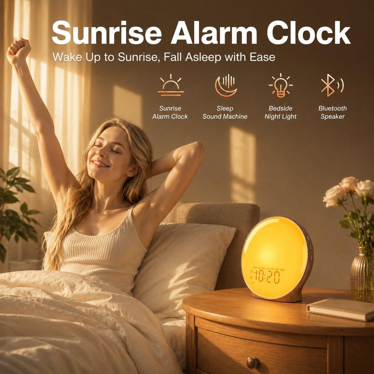 JALL Full-Screen Wake Up Light Sunrise Alarm Clocks for Bedrooms, White Noise Machine for Heavy Sleepers, 25 Natural Sounds, Dual Alarms, FM Radio, 17 Dimmable Colors, Bluetooth Speaker