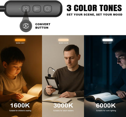 Rechargeable Book Light for Reading in Bed 25 LED - Eye Caring 15 Level Stepless Dimming, Extended 90Hrs Runtime, Lightweight Clip on Light, Gifts for Book Lovers, Black