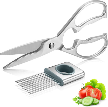 Multipurpose Kitchen Shears by WELLSTAR, Come Apart Heavy Duty German Stainless Steel Food Scissors for Cutting Meat Poultry Chicken Vegetable, Plus Handy Onion Slicing Holder, Gift Box Pack