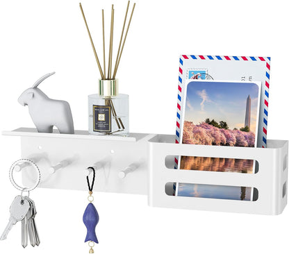 MKO Key Holder Wall Mount, Key Holder Wall Mount Adhesive with Mail Organizer Tray with 6 Key Hooks for Wall, Black | Metal Material, Key Rack with Shelf, Mail Organizer Tray for Entryway, Hallway, Living Room