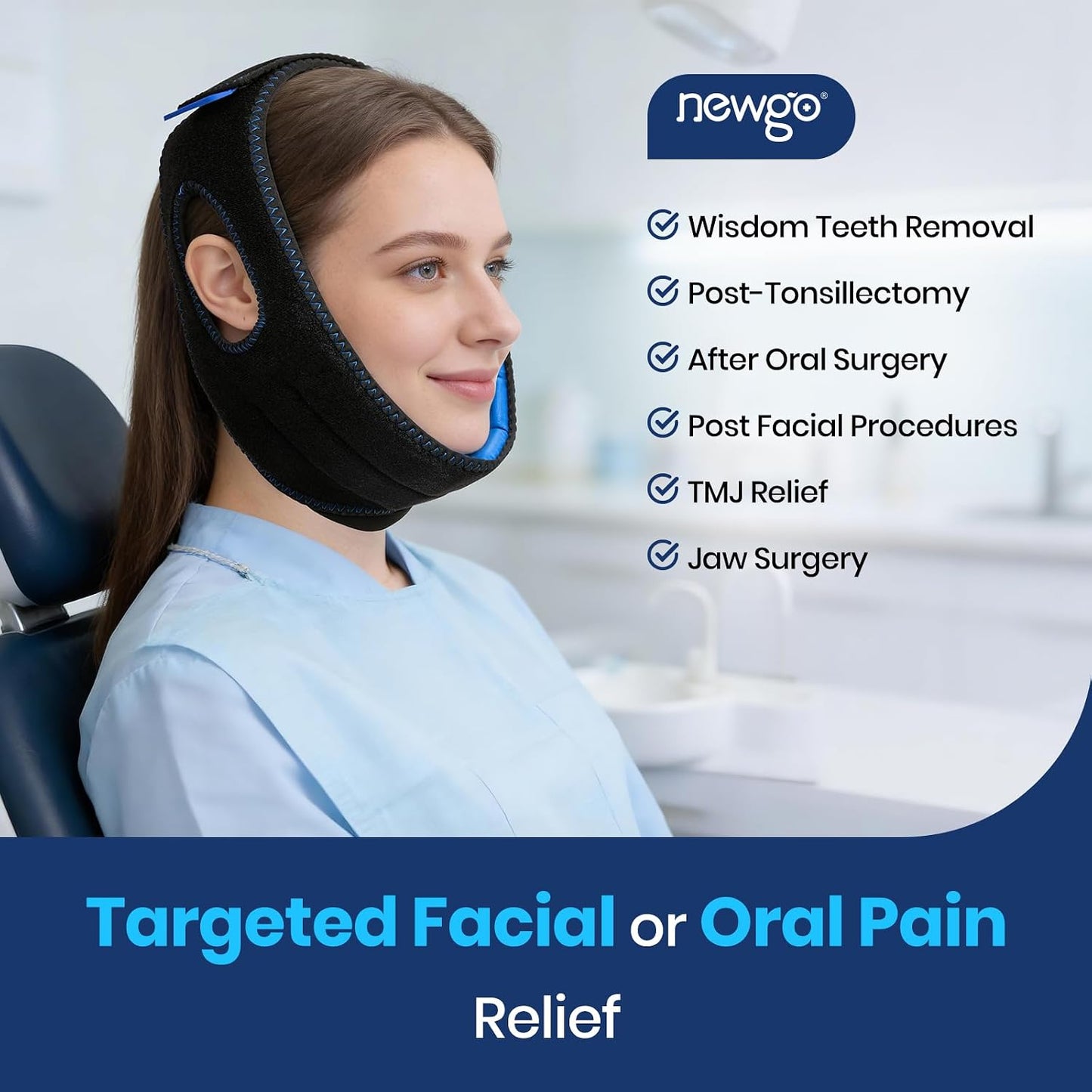 NEWGO Wisdom Teeth Ice Pack Head Wrap for Face Oral Surgery, FSA Eligible | Face Ice Pack with 4 Hot Cold Gel Pack for TMJ, Tooth Extraction, Tonsillectomy Recovery