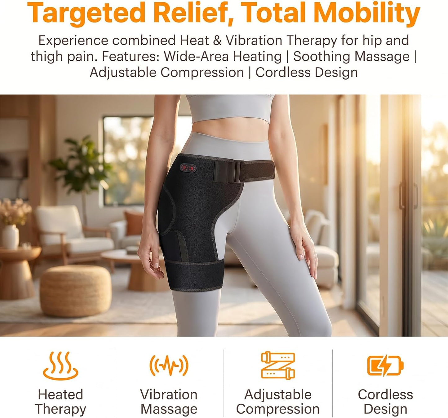 Hip Therapy Belt for Men & Women, Wearable Wrap for Hip, Lower Back, Buttock & Upper Thigh Comfort, Cordless Red Light Heating Pad with Vibration, 5000mAh Rechargeable Battery and Adjustable Fit